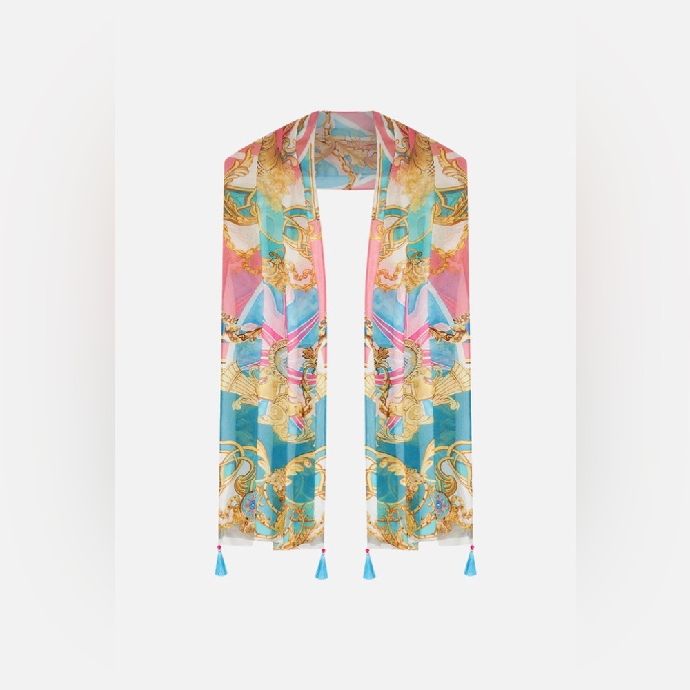 Camilla “Sail Away With Me” pink blue silk nautical baroque scarf belt wrap top - Picture 1 of 4